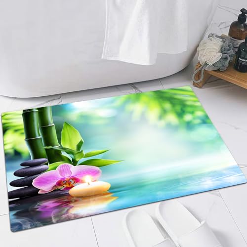 EMFSLA rutschfest Badezimmer Badeteppiche,Weich Hochflor Saugfähig Badvorleger Waschbar Flauschige Mikrofaser Badematte,Grüne Zen SPA Stillleben Kerze und Stein mit Bambus in der Natur auf W,40x60 cm von EMFSLA