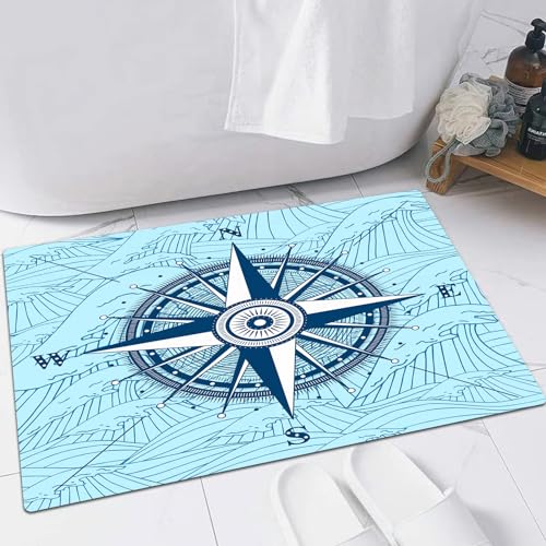 EMFSLA rutschfest Badezimmer Badeteppiche,Weich Hochflor Saugfähig Badvorleger Waschbar Flauschige Mikrofaser Badematte,Helm Ocean Life Handbemalter Kompass,60x90 cm von EMFSLA