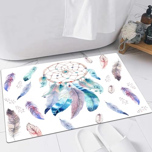 EMFSLA rutschfest Badezimmer Badeteppiche,Weich Hochflor Saugfähig Badvorleger Waschbar Flauschige Mikrofaser Badematte,Isolierte Aquarell-Dekoration, böhmischer Traumfänger. Boho-Federn-DEK,40x60 cm von EMFSLA