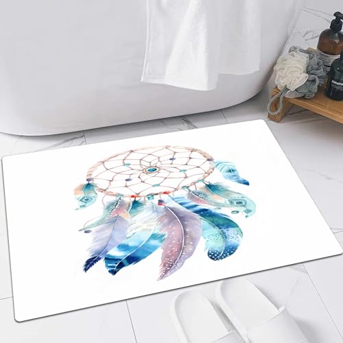 EMFSLA rutschfest Badezimmer Badeteppiche,Weich Hochflor Saugfähig Badvorleger Waschbar Flauschige Mikrofaser Badematte,Isolierte Aquarell-Dekoration, böhmischer Traumfänger. Boho-Federndeko,40x60 cm von EMFSLA