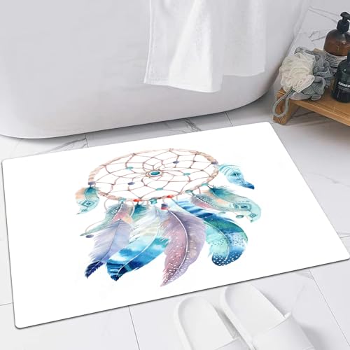 EMFSLA rutschfest Badezimmer Badeteppiche,Weich Hochflor Saugfähig Badvorleger Waschbar Flauschige Mikrofaser Badematte,Isolierte Aquarell-Dekoration, böhmischer Traumfänger. Boho-Federndeko,40x60 cm von EMFSLA