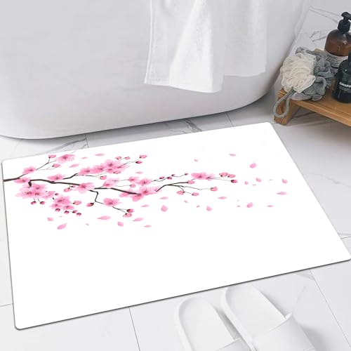 EMFSLA rutschfest Badezimmer Badeteppiche,Weich Hochflor Saugfähig Badvorleger Waschbar Flauschige Mikrofaser Badematte,Japanische Kirschblüten-Sakura-Rosa-Blume,60x90 cm von EMFSLA