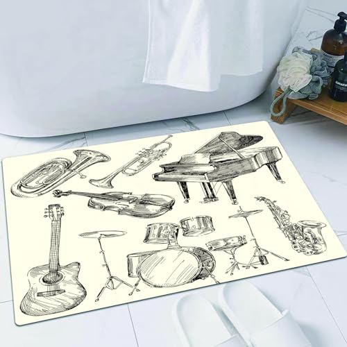 EMFSLA rutschfest Badezimmer Badeteppiche,Weich Hochflor Saugfähig Badvorleger Waschbar Flauschige Mikrofaser Badematte,Jazz-Musikstand, Illustration von Musikinstrumenten im Skizzenkunststi,60x90 cm von EMFSLA