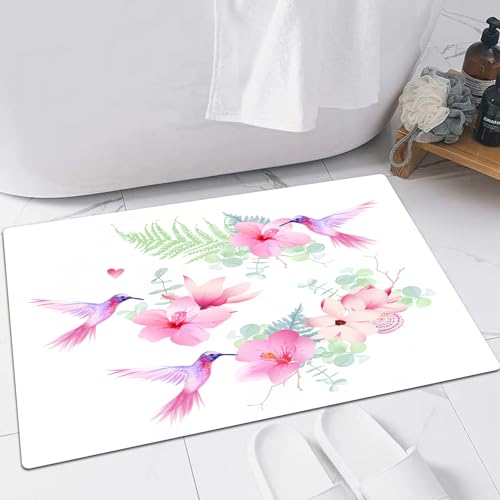 EMFSLA rutschfest Badezimmer Badeteppiche,Weich Hochflor Saugfähig Badvorleger Waschbar Flauschige Mikrofaser Badematte,Kolibris, Tropische Blumen mit fliegenden Kolibris, Wilde Naturblüten,60x90 cm von EMFSLA