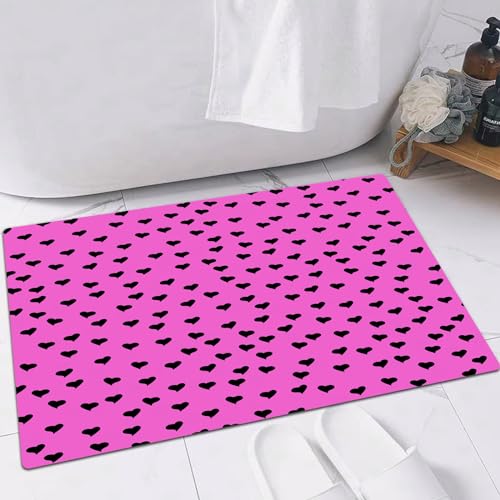 EMFSLA rutschfest Badezimmer Badeteppiche,Weich Hochflor Saugfähig Badvorleger Waschbar Flauschige Mikrofaser Badematte,Pinke, vom Valentinstag inspirierte Mini-Schwarzherzen auf einem Fuchs,40x60 cm von EMFSLA