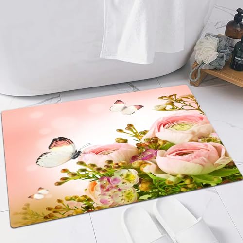 EMFSLA rutschfest Badezimmer Badeteppiche,Weich Hochflor Saugfähig Badvorleger Waschbar Flauschige Mikrofaser Badematte,Sanfter Strauß aus rosa Rosen und Schmetterling,40x60 cm von EMFSLA