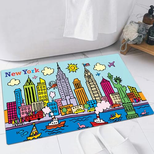 EMFSLA rutschfest Badezimmer Badeteppiche,Weich Hochflor Saugfähig Badvorleger Waschbar Flauschige Mikrofaser Badematte,Spielzimmer-Dekoration, New York City im Cartoon-Stil,40x60 cm von EMFSLA