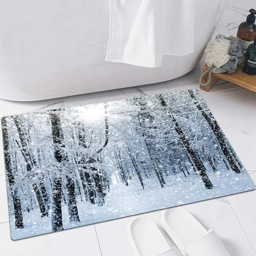 EMFSLA rutschfest Badezimmer Badeteppiche,Weich Hochflor Saugfähig Badvorleger Waschbar Flauschige Mikrofaser Badematte,Wald, Winterschnee auf Bäumen, Blau und Weiß, Braun, Rosa, Grün, Grau,60x90 cm von EMFSLA