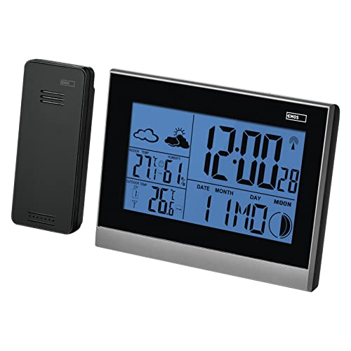 EMOS Funk-Wetterstation mit Außensensor, batteriebetrieben, LED-Display-Anzeige mit Uhr, Temperatur, Thermometer, Hygrometer, Wecker, Kalender, Datum von EMOS