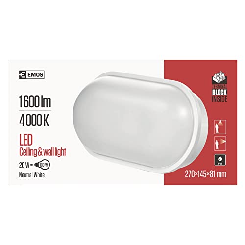 EMOS LED-Wandleuchte und Deckenleuchte 20 W oval, IP65 wasserdichte 1600 lm Ovalleuchte, Außenleuchte für Balkon, Keller, Garage, Outdoor, neutralweiß 4000K, 27 x 14,5 cm, ZM3020 von EMOS