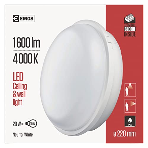 EMOS LED-Wandleuchte und Deckenleuchte 20 W rund, IP65 wasserdichte 1600 lm Außenleuchte für Balkon, Keller, Garage, Outdoor, 4000K, 22cm ZM3010 Weiß von EMOS