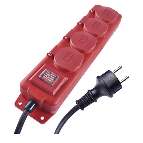 EMOS P14231 Steckdosenleiste 4-fach mit Schalter, 3 m Kabel, IP44 für Aussenbereich mit Klappdeckeln, schwarz/rot, 1,5 mm, Schuko Mehrfachsteckdose mit Kindersicherung von EMOS