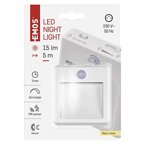 EMOS dimmbare LED Nachtlicht Steckdose mit Bewegungsmelder und Dämmerungssensor und Timer, Design Orientierungslicht für Kinderzimmer, Treppenaufgang, Schlafzimmer, Küche, Flur von EMOS