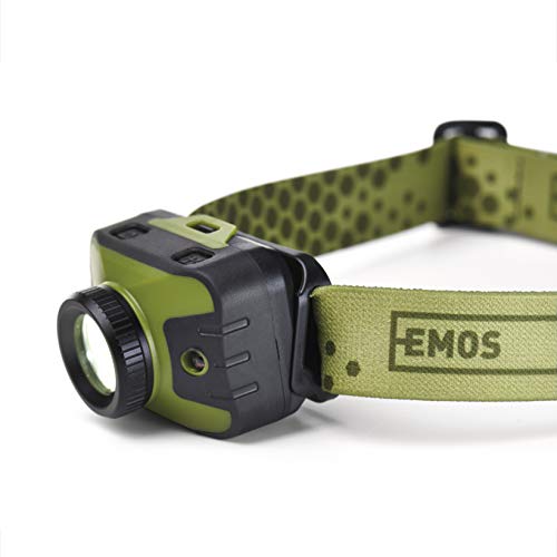 EMOS fokussierbare Stirnlampe mit Rotlicht, IP43 wasserdichte Kopflampe mit 5 Lichtmodi, 330lm Helligket, 200m Leuchtweite, 87 St. Leuchtdauer, CREE LED Kopfleuchte mit Fokus, Grün, P3539 von EMOS