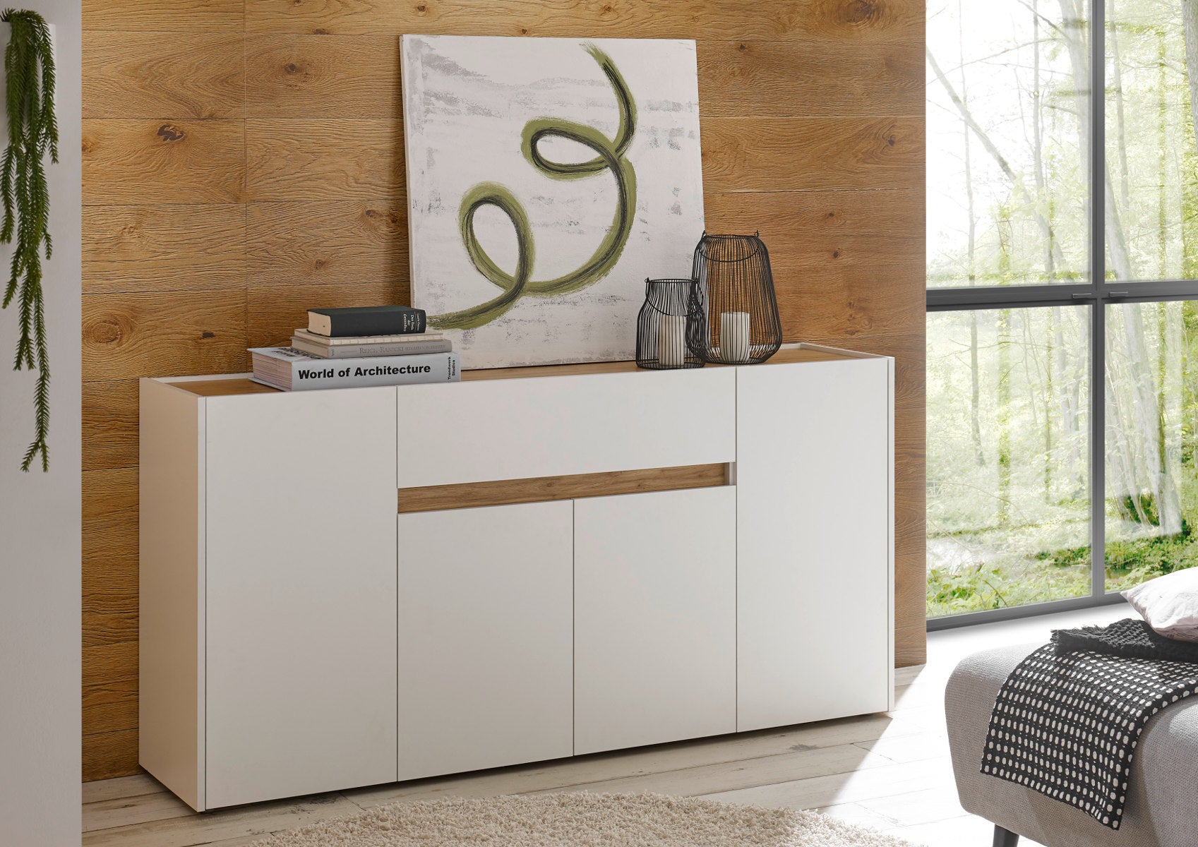 Sideboard 170x87 cm Eiche Weiss 4-türig + Doppelschubkasten BOSTON von EMPINIO24