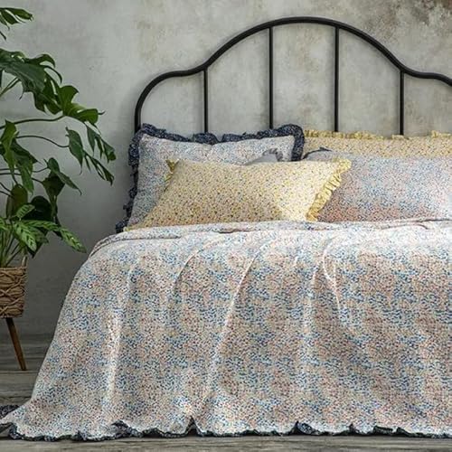 ENGLISH HOME Bettüberwurf aus Baumwolle, Atmungsaktiv, Gesteppte Überwürfe, Florale Sommer-Tagesdecke, Leichte Überwürfe, Tagesdecke für Bett, Couch, Sofa, Millefleur, 200x220 cm, Creme - Blau von ENGLISH HOME