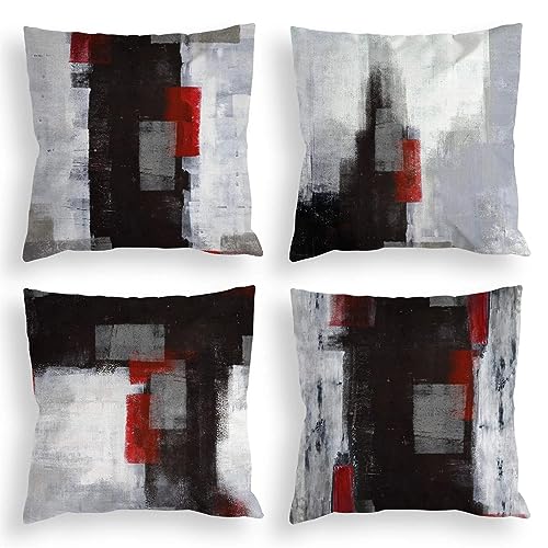 ENILSA Kissenbezug 45x45cm Rot Schwarz Grau Abstrakt 4er Set Samt Kissenbezüge Kissenhülle Dekokissenbezug sofakissen dekokissen deko für Sofa Schlafzimmer Wohnzimmer Balkon Kinder von ENILSA