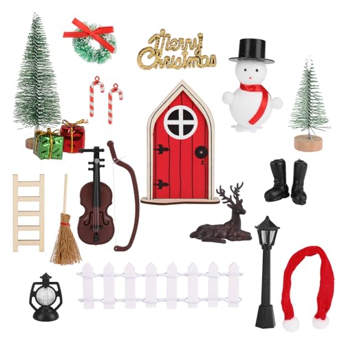 ENLACE 20 Stück Wichteltür Zubehör Weihnachten, Wichteltür Komplettset, Miniatur Weihnachtsdeko Elfentür, mit Zäun, Stiefel, Leiter, Kranz, Weihnachtsbaum, Feentür Set für Kinder Geschenke von ENLACE