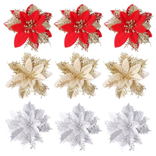 ENLACE Weihnachtsblumen, 9 Stück Weihnachten Glitter Künstliche Weihnachtsstern Blumen, Weihnachtsbaumschmuck, Künstliche Weihnachten Blumen für Weihnachts, Hochzeits, Neujahr, Gold+Rot+Silber von ENLACE