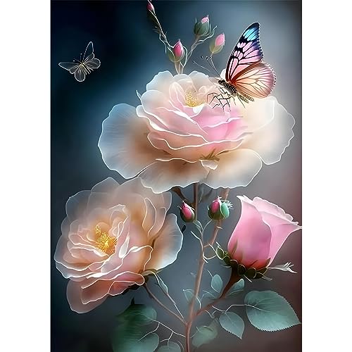 EOBROMD Diamond Painting Erwachsene Blumen, 5D Diamant Painting Bilder Erwachsene Schmetterlinge, DIY Diamond Painting Bilder Diamant Malerei Rosen Set für Wanddekoration 30x40cm von EOBROMD