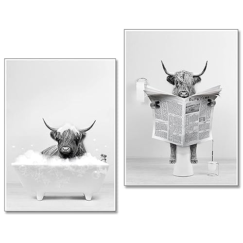 ERBO 2er Lustige Hochland Kuh Wandkunst in Badewanne Deko Bilder - Schwarz-Weiß Leinwand Bild - Bilder Badezimmer Bad Toilette - Hochwertiger Kunstdruck Poster - Ohne Rahme (30x40cm) von ERBO