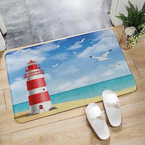 Badematte,50x80cm Rutschfeste Badteppich,Strand Realistische Illustration Leuchtturm an ruhiger Küste Fliegende Möwen Meereslands,Wasserabsorbierende Weiche teppiche für Badezimmer, Maschinenwaschbar von ERICAT