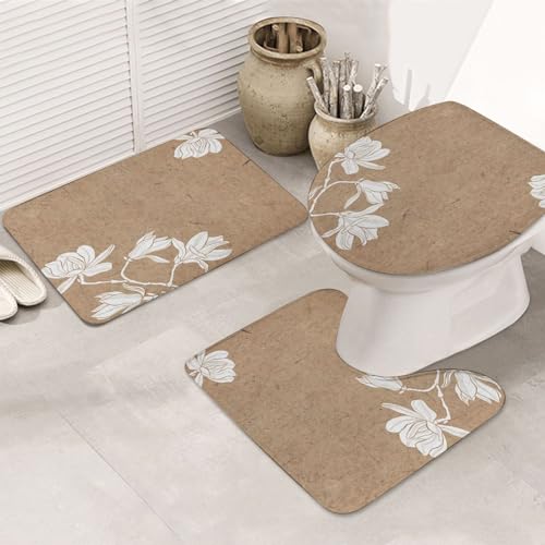 ERICAT Badezimmer Set,rutschfeste Badematte und WC-Vorleger-Set,Brown Floral Magnolia White Siluettes von Blumen auf Kraftpapier,weich,wasserabsorbierend,WC-Garnitur, 3-teilig von ERICAT