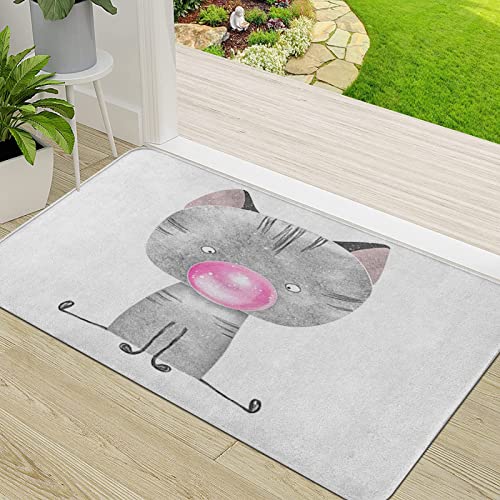 ERICAT Fußmatte Schmutz Wasserabsorbierend Fußabtreter,Süße graue Katze bläst Kaugummi Collectionadoble Animal Animals Art Artwork Baby,InnenbereichTürmatte rutschfest Waschbar Eingangsmatte Innen von ERICAT