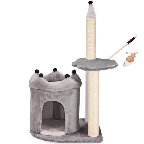 EROMMY Kratzbaum 86 cm Burgform Katzenbaum mit Katzenspielzeug Sisal Plüsch, Katzenkratzbaum Spielturm Plattform Katzenhaus Kratzsäule, Grau von EROMMY