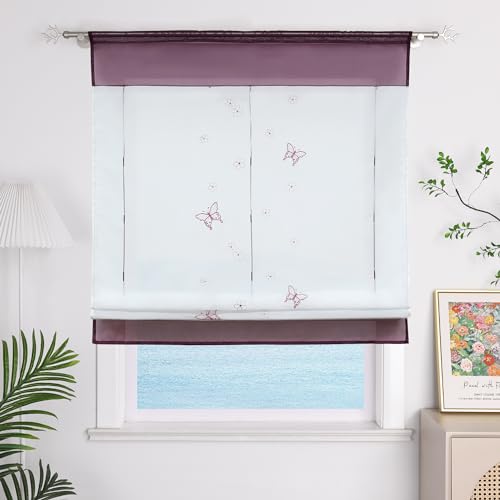 ESLIR Raffrollo Küche Raffgardine mit Tunnelzug Gardinen Transparent Bändchenrollo mit Schmetterling Bestickt Voile Violett BxH 60x120cm 1 Stück von ESLIR