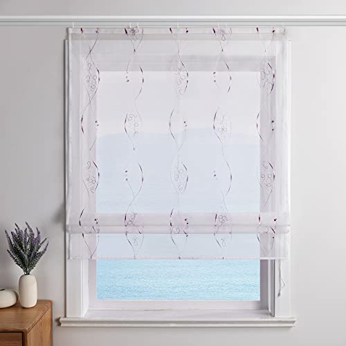 ESLIR Raffrollo Weiß Raffgardine mit Klettband Gardinen Küche Transparent Bändchenrollo Voile Bestickt Landhausstil Violett BxH 60x140cm 1 Stück von ESLIR