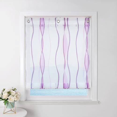 ESLIR Raffrollo mit Ösen Gardinen Küche Raffgardinen Transparent Ösenrollo Vorhänge Mit Wellen-Druck Modern Voile Violett BxH 100x140cm 1 Stück von ESLIR