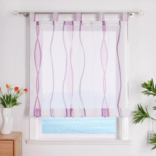 ESLIR Raffrollo mit Schlaufen Gardinen Küche Raffgardinen Transparent Schlaufenrollo Vorhänge Mit Wellen-Druck Modern Voile Violett BxH 100x140cm 1 Stück von ESLIR