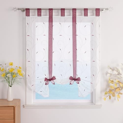 ESLIR Raffrollo mit Schlaufen Raffgardinen Gardinen Küche Bindegardine Transparent Schlaufenrollo Vorhänge mit Stickerei Modern Voile Beere BxH 140x140cm 1 Stück von ESLIR