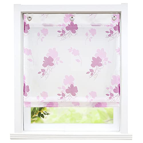 ESLIR Raffrollo ohne Bohren Raffgardinen mit Ösen Voile Gardinen mit U-Haken Transparent Ösenrollo Modern Vorhänge mit Blumen Muster Violett BxH 60x140 cm Stück von ESLIR