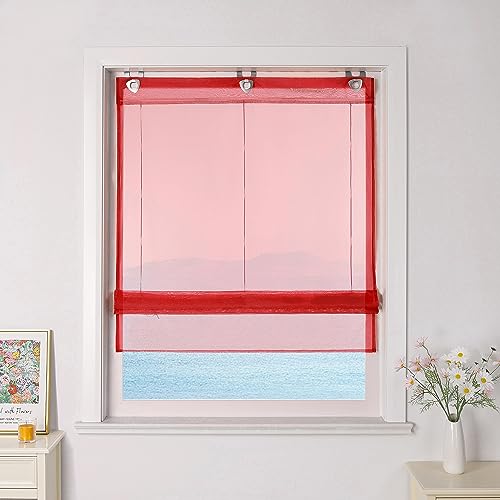 ESLIR Raffrollo ohne Bohren Raffgardinen mit U-Haken Ösenrollo Voile Gardinen Transparent Vorhänge Modern 1 Stück Rot BxH 60x130cm 1 Stück von ESLIR