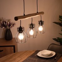 Etc-shop - Holz Design Hängeleuchte mit Gitter Lampenschirmen Pendelleuchte mit Holzbalken 3 flammig, Metall schwarz Holz natur, 5x E27 max 40 Watt, von ETC-SHOP