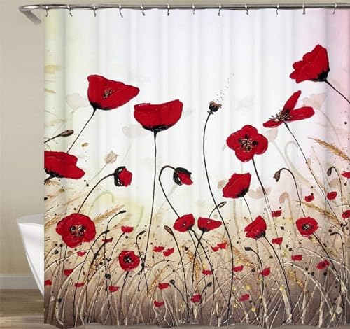 ETERIO Duschvorhang 120x200 Mohnblumen Rot, 3D Mohnblumen Rot Shower Curtains Textil Anti Schimmel Wasserdicht Duschvorhänge Badewanne Stoff Polyester Waschbar Vorhang mit 8 Haken von ETERIO