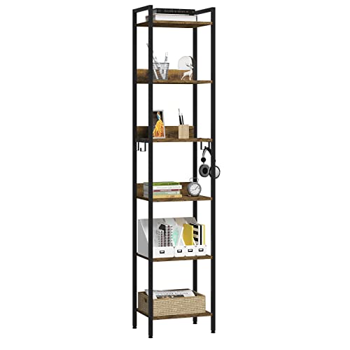 EUGAD Bücherregal mit 6 Ebenen, Standregal industriell, freistehendes Regal, Aufbewahrungsregal für Büro Wohnzimmer Schlafzimmer Küche,mit 4 Haken, Schwarz +Vintage Holzoptik, 40x30x187cm von EUGAD