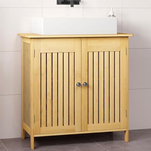EUGAD Waschbeckenunterschrank aus Bambus, Badezimmerschrank mit 2 Türen, Badezimmer Unterschrank Waschbecken, Waschtischunterschrank, Verstellbarer Einlegeboden, viel Stauraum, 60x60x30 cm von EUGAD
