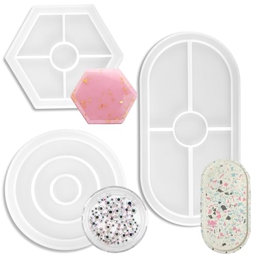 3 Stück Silikonform Tablett Untersetzer, Gießformen Silikon Rund Oval Hexagon,Silikonformen Teller mit Rand, Silikon Epoxidharz Formen Set für DIY Teetablett Obsttablett Basteln Haus Dekoration von EUIOOVM