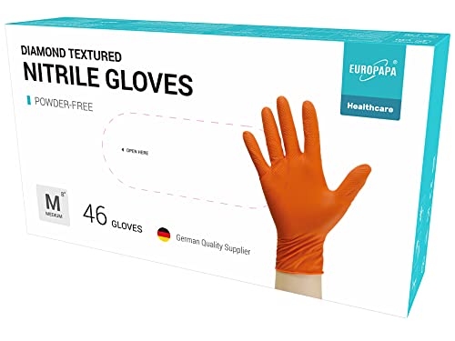 EUROPAPA 46x extra dicke Nitrilhandschuhe DiamantGrip Diamant schwarz und orange Perfect Grip Einweghandschuhe Montageschutzhandschuhe puderfreier latexfreier Arbeitshandschuhe (Orange, M) von EUROPAPA