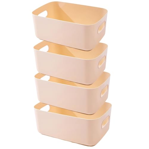 EURXLQ 4 Stück Aufbewahrungsbox Kunststoff Aufbewahrungskorb mit Griffen Beige 20×15×7 cm Eingedicktes Badezimmer Organizer Küchenschrank Körbe Aufbewahrung Kunststoffbox für Badezimmer Küche von EURXLQ