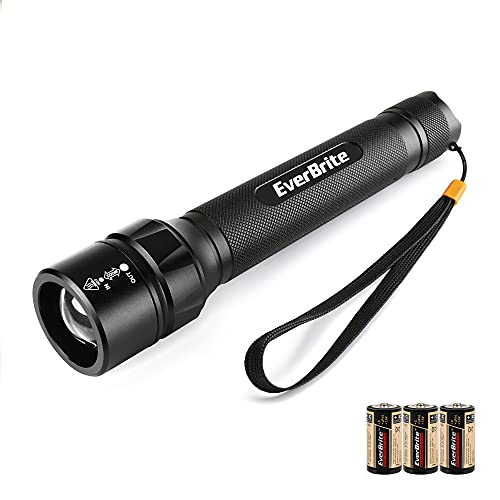 EverBrite LED Taschenlampe C Batterie Extrem Hell, 4-Modi Zoombar, IPX4 Wasserdichte Aluminium Taschenlampe mit 3 Batterien, 600 Lumen Handlampe LED Taschenlampe für Camping, Outdoor, Notfall von EverBrite