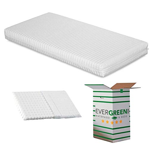 EVERGREENWEB Matratze 64x124 cm für Kinderbett und Wiege, 10 cm hoch + KOSTENLOSES Kissen Anti-Ersticken mit Natürlichem Baumwoll, herausnehmbar Kissenbezug. Allergiegetestet, Auswaschbar | SYMBA von EVERGREENWEB MATERASSI & BEDS