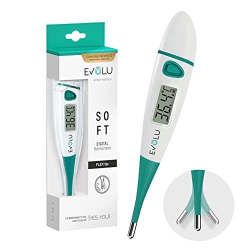 Evolu Wasserdichtes Flexibles Digitales Thermometer Messung in Mund, Rektal oder Achsel mit flexibler Messspitze in 10 Sek - Babys, Kinder, Erwachsene - hohe Präzision - mit Aufbewahrungsbox von EVOLU