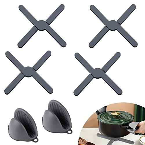 EXLECO 4Pcs Silikon Topfuntersetzer Hitzebeständig Topf Untersetzer Zusammenklappbar mit Ofenhandschuhe Topflappen Hitzeschutz Heißer Topf Halter Untersetzer für Töpfe Heiße Pfannen Schalen Schwarz von EXLECO