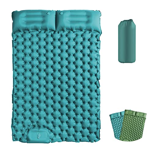 EXLECO Camping Isomatte 2 Personen Selbstaufblasend Luftmatratze mit Kissen Outdoor Camping Matratze Isomatte Faltbar Ultraleicht Luftbett Aufblasbar Bett Camping Matte mit Fußpumpe für Zelt Seeblau von EXLECO