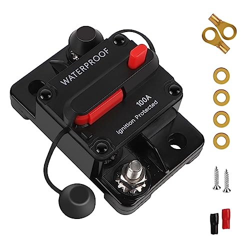 EXLECO Auto Schutzschalter 100A Sicherungshalter KFZ Automatiksicherungshalter 12V-24V DC Auto Leistungsschalter Sicherung LKW Manuell Reset Schalter für Car Audio Solar mit Kabelschuhe Kupferscheiben von EXLECO