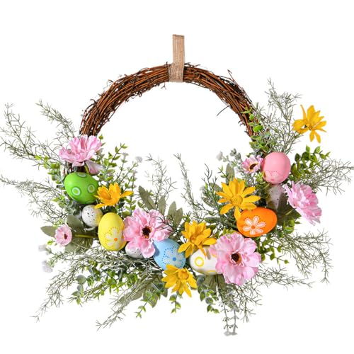 Osterkranz mit Bunten Ostereiern, Ostern Osterei Dekokranz Künstliche Blumen Kränze Girlande Wandkranz Türkranz Osterdeko für Tür Wand Fenster Frühling Deko (C) von EXQUILEG